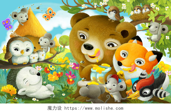 森林中不同的动物不同森林动物的卡通场景森林给孩子们吃蜂蜜的图片